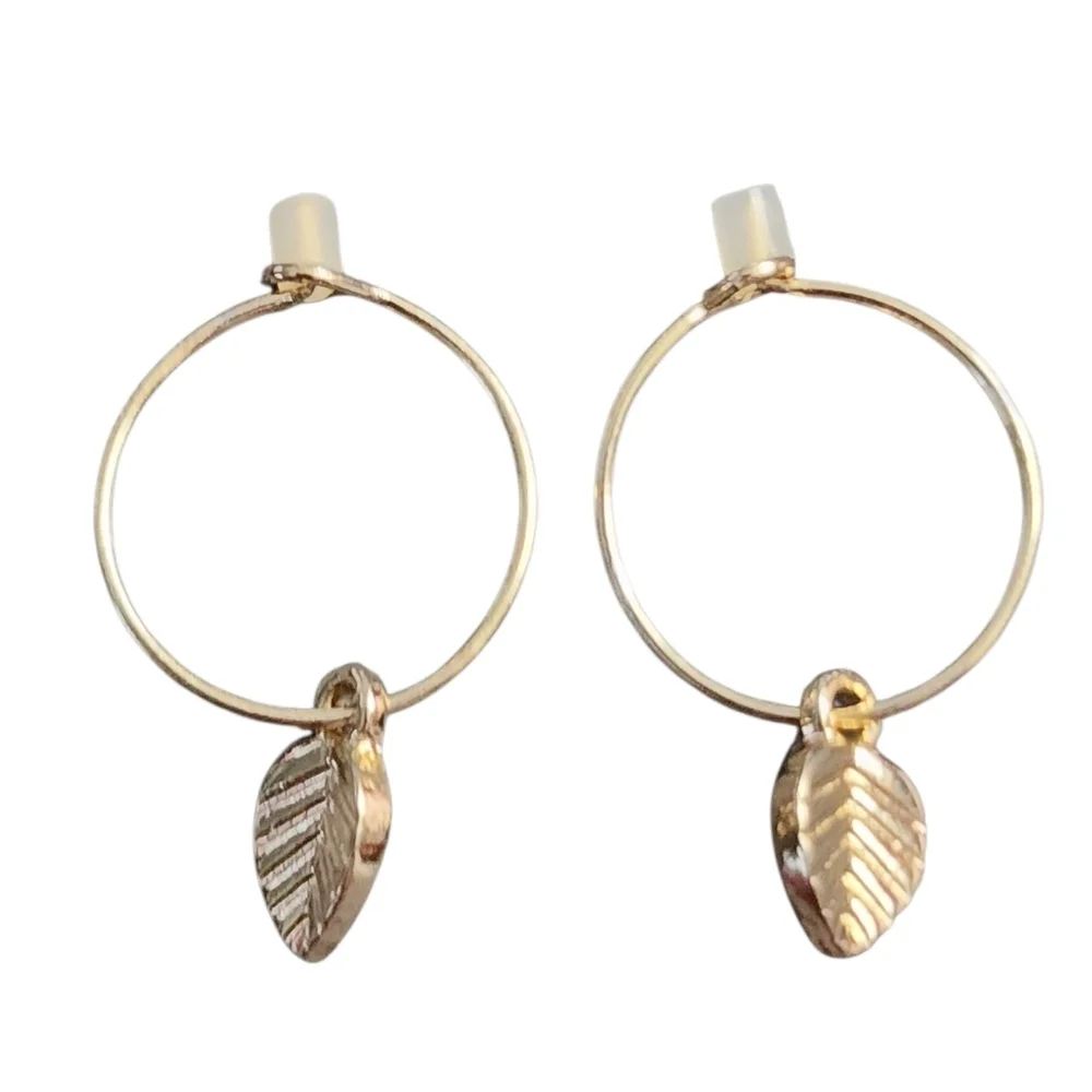 Gold Tone Leaf Drop Hoop Earrings